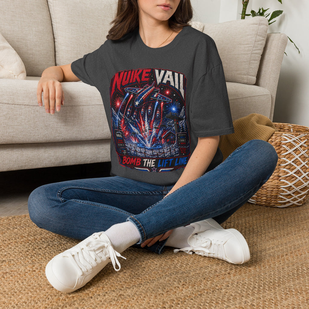 NukeVault Retro Rocket Graphic T-Shirt — 'Bomb the Lift Line' Vintage Ski Tee
