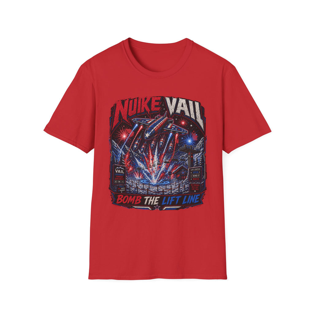 NukeVault Retro Rocket Graphic T-Shirt — 'Bomb the Lift Line' Vintage Ski Tee