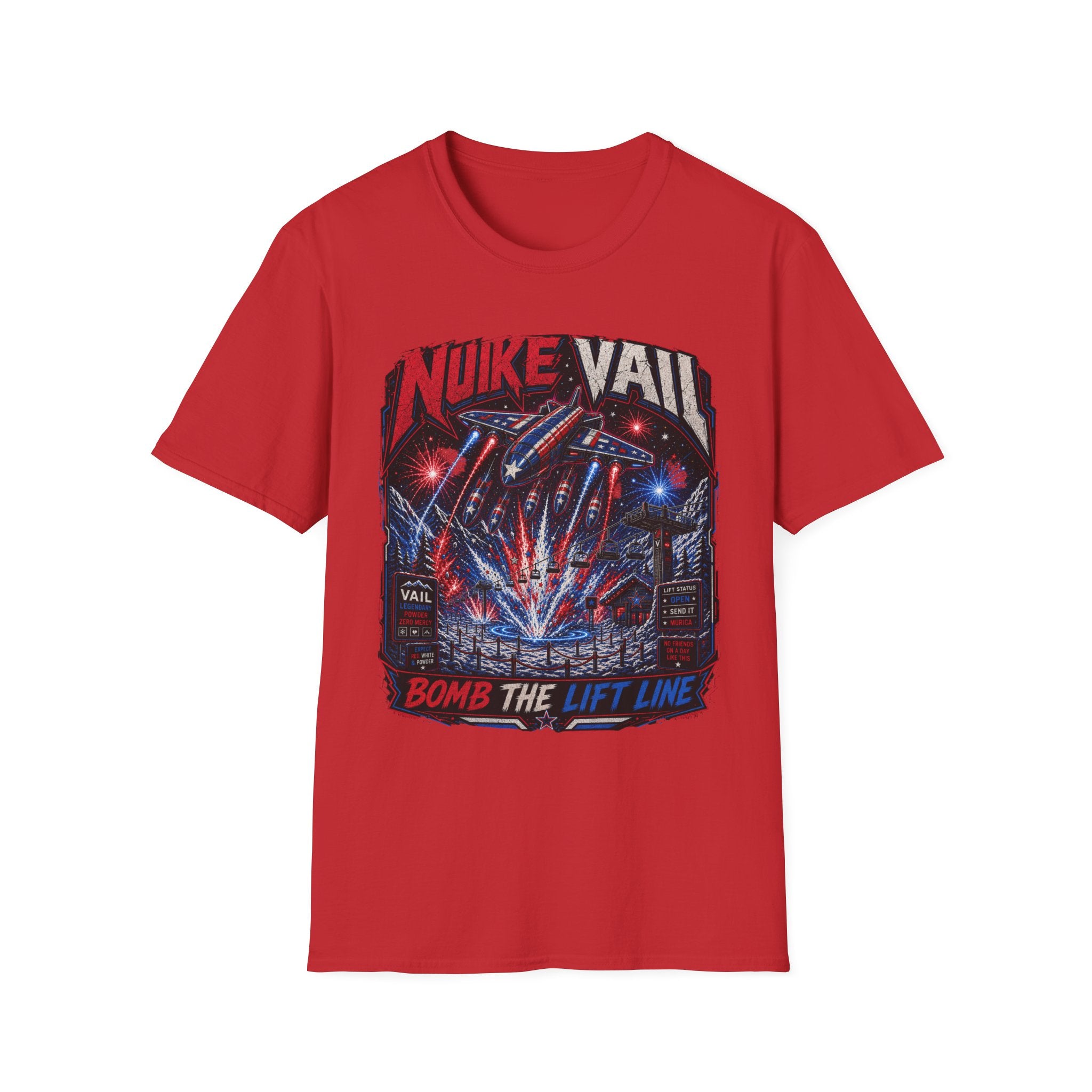 NukeVault Retro Rocket Graphic T-Shirt — 'Bomb the Lift Line' Vintage Ski Tee
