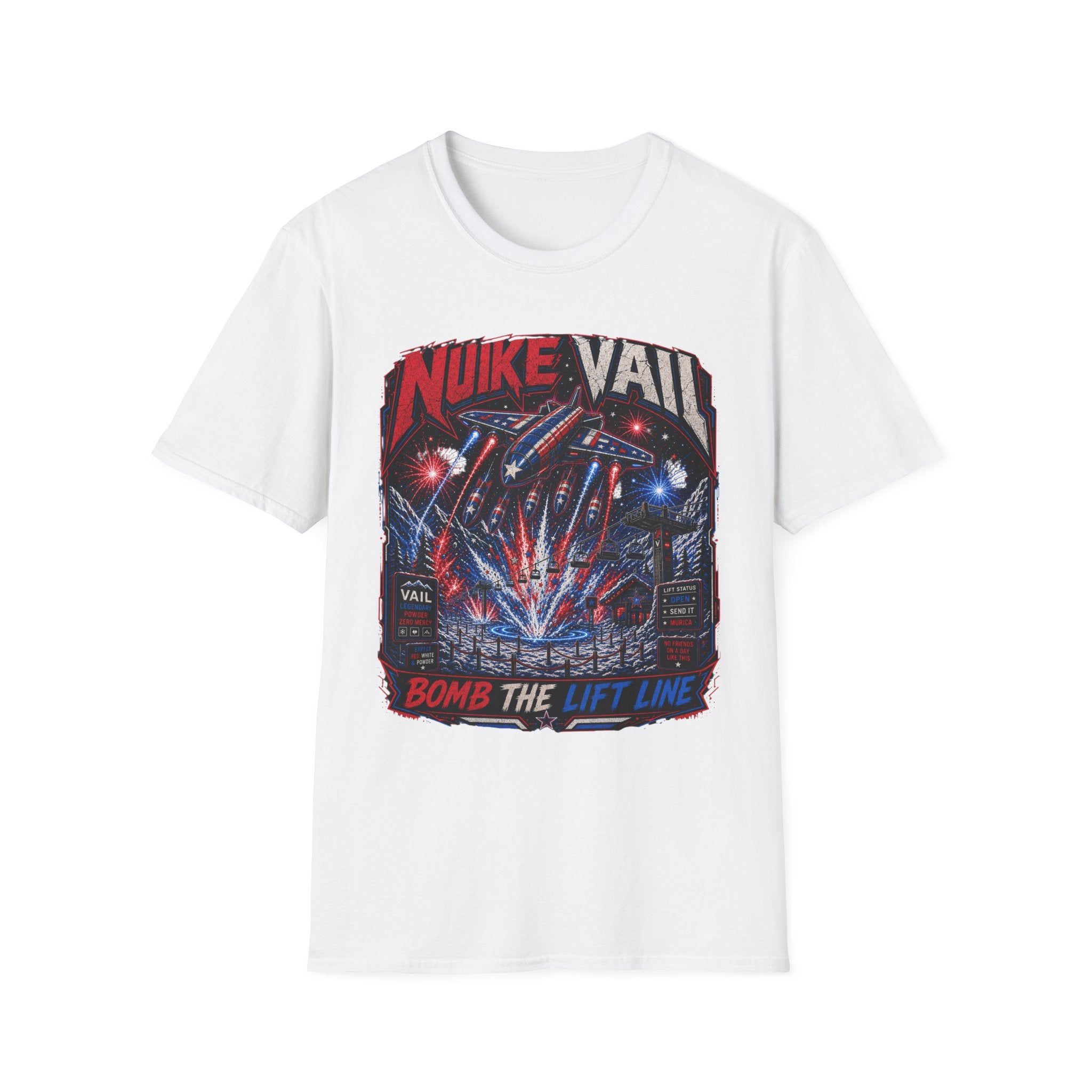 NukeVault Retro Rocket Graphic T-Shirt — 'Bomb the Lift Line' Vintage Ski Tee