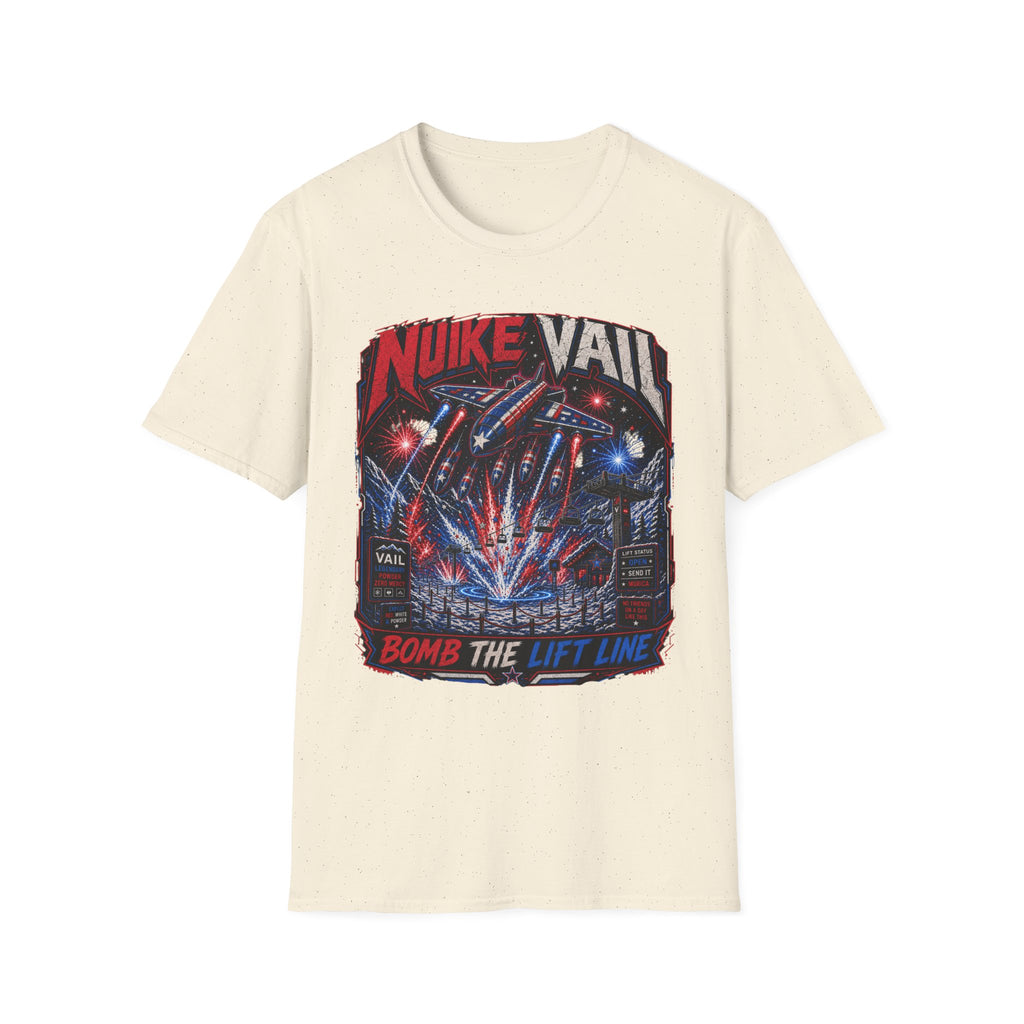 NukeVault Retro Rocket Graphic T-Shirt — 'Bomb the Lift Line' Vintage Ski Tee