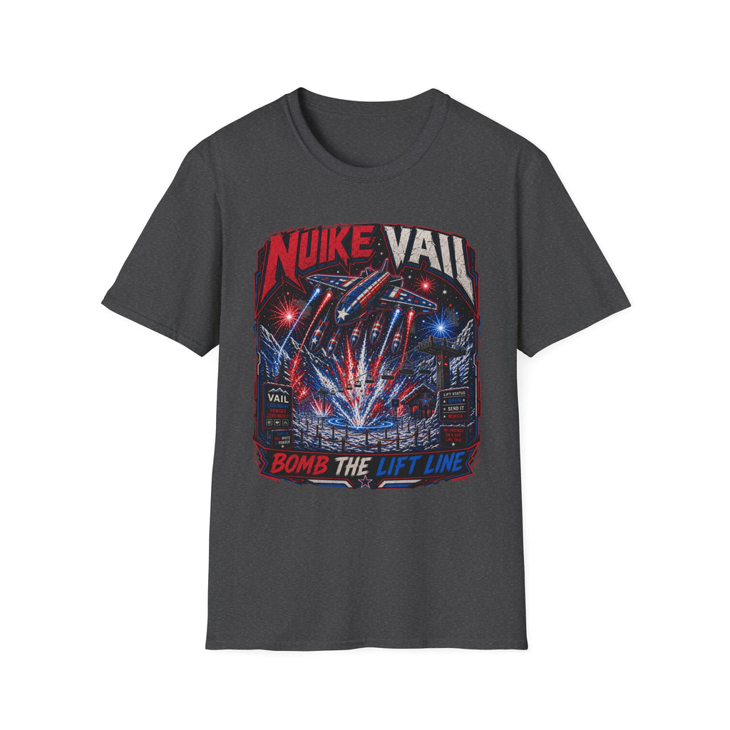 NukeVault Retro Rocket Graphic T-Shirt — 'Bomb the Lift Line' Vintage Ski Tee