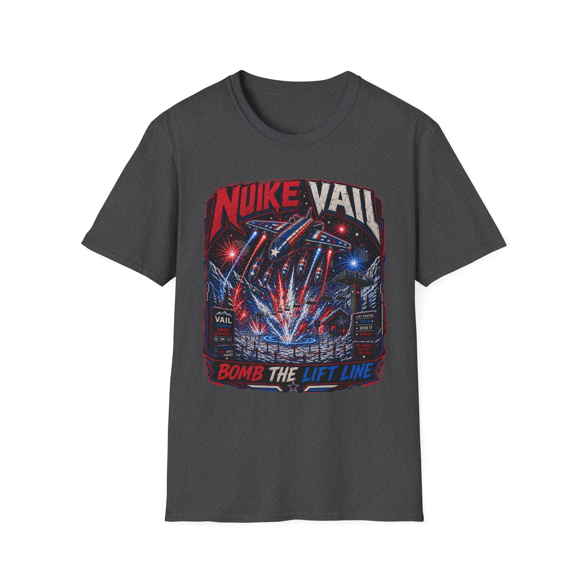 NukeVault Retro Rocket Graphic T-Shirt — 'Bomb the Lift Line' Vintage Ski Tee