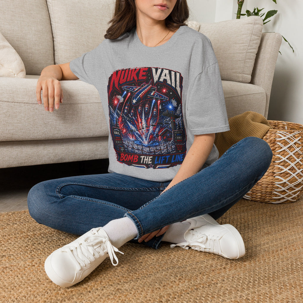 NukeVault Retro Rocket Graphic T-Shirt — 'Bomb the Lift Line' Vintage Ski Tee