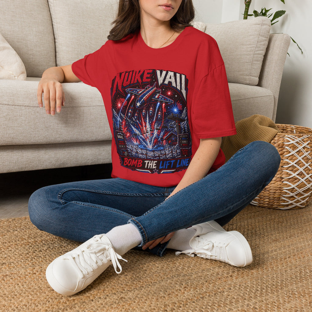 NukeVault Retro Rocket Graphic T-Shirt — 'Bomb the Lift Line' Vintage Ski Tee