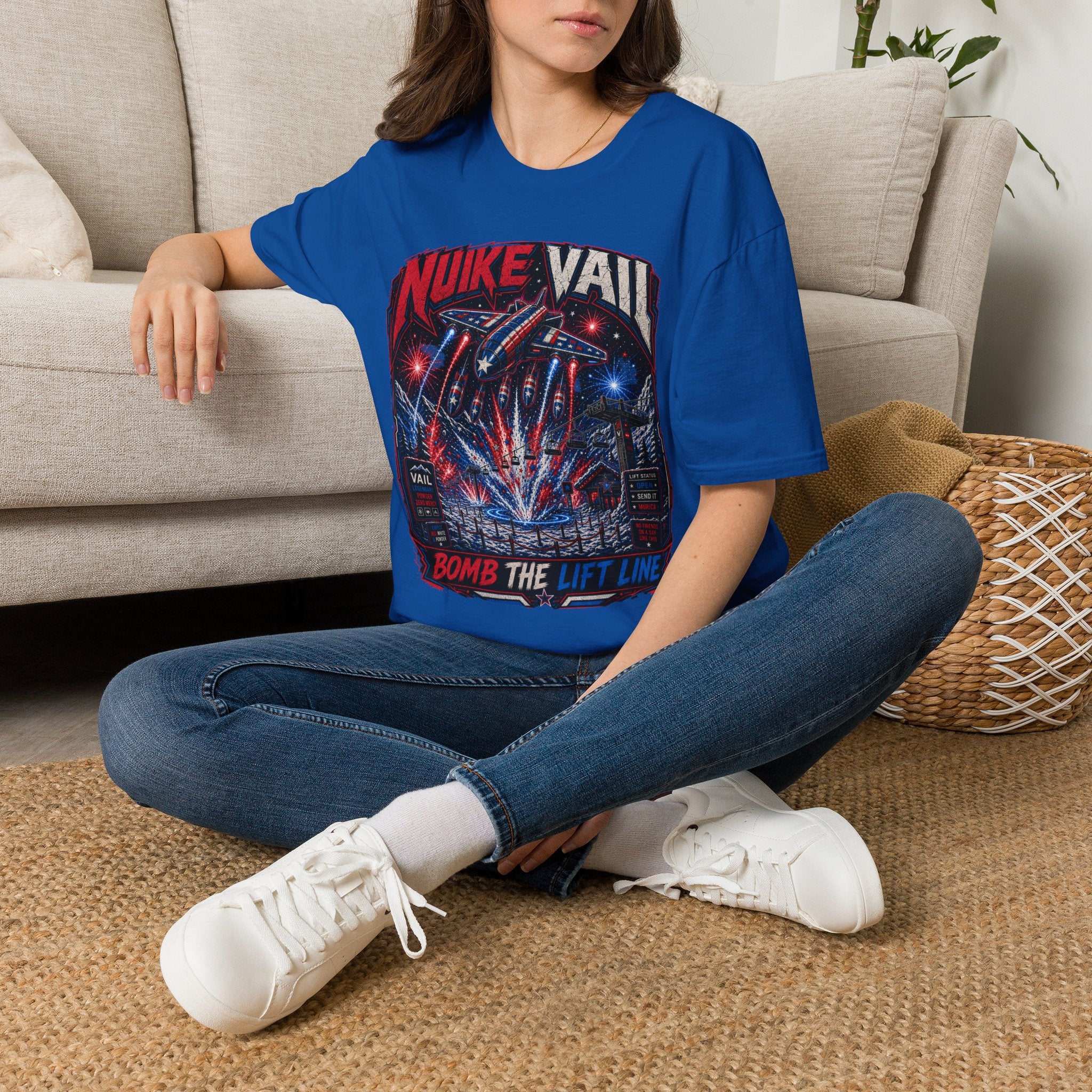 NukeVault Retro Rocket Graphic T-Shirt — 'Bomb the Lift Line' Vintage Ski Tee