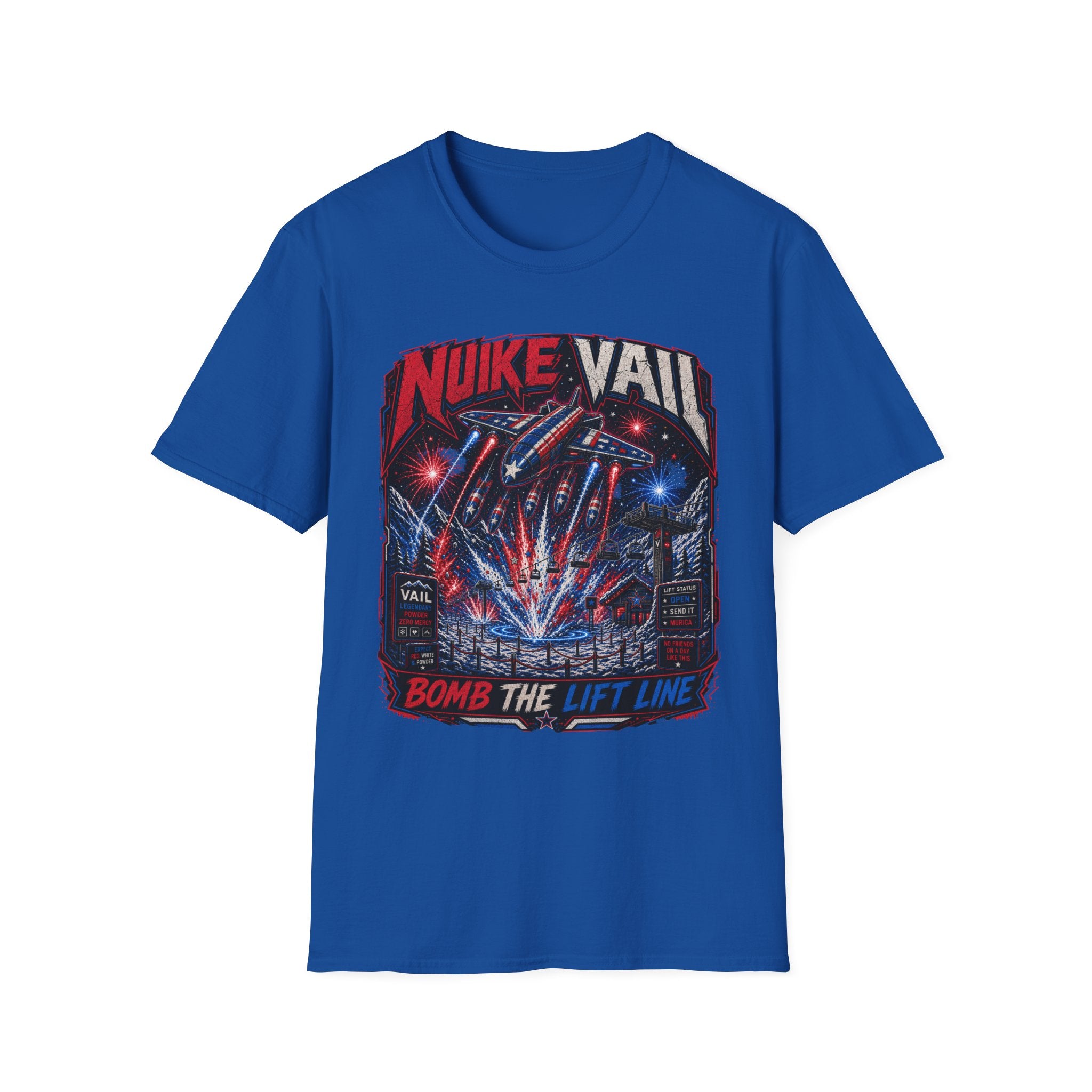 NukeVault Retro Rocket Graphic T-Shirt — 'Bomb the Lift Line' Vintage Ski Tee