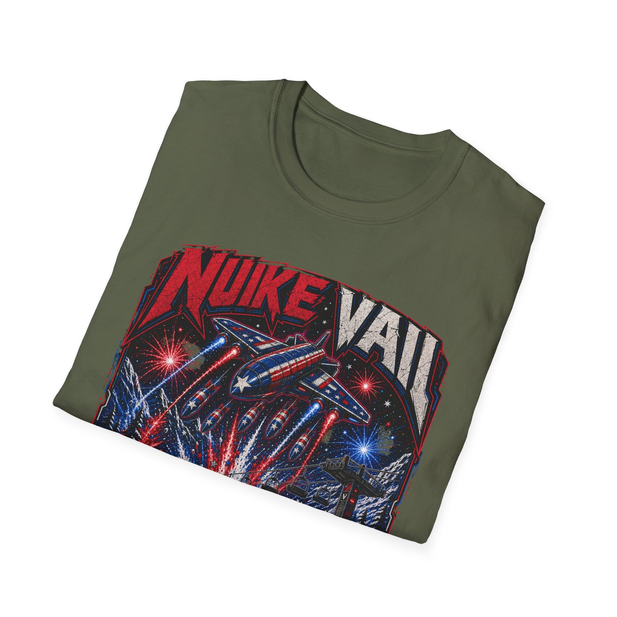 NukeVault Retro Rocket Graphic T-Shirt — 'Bomb the Lift Line' Vintage Ski Tee