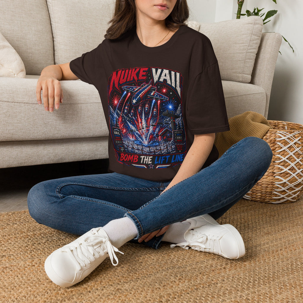 NukeVault Retro Rocket Graphic T-Shirt — 'Bomb the Lift Line' Vintage Ski Tee