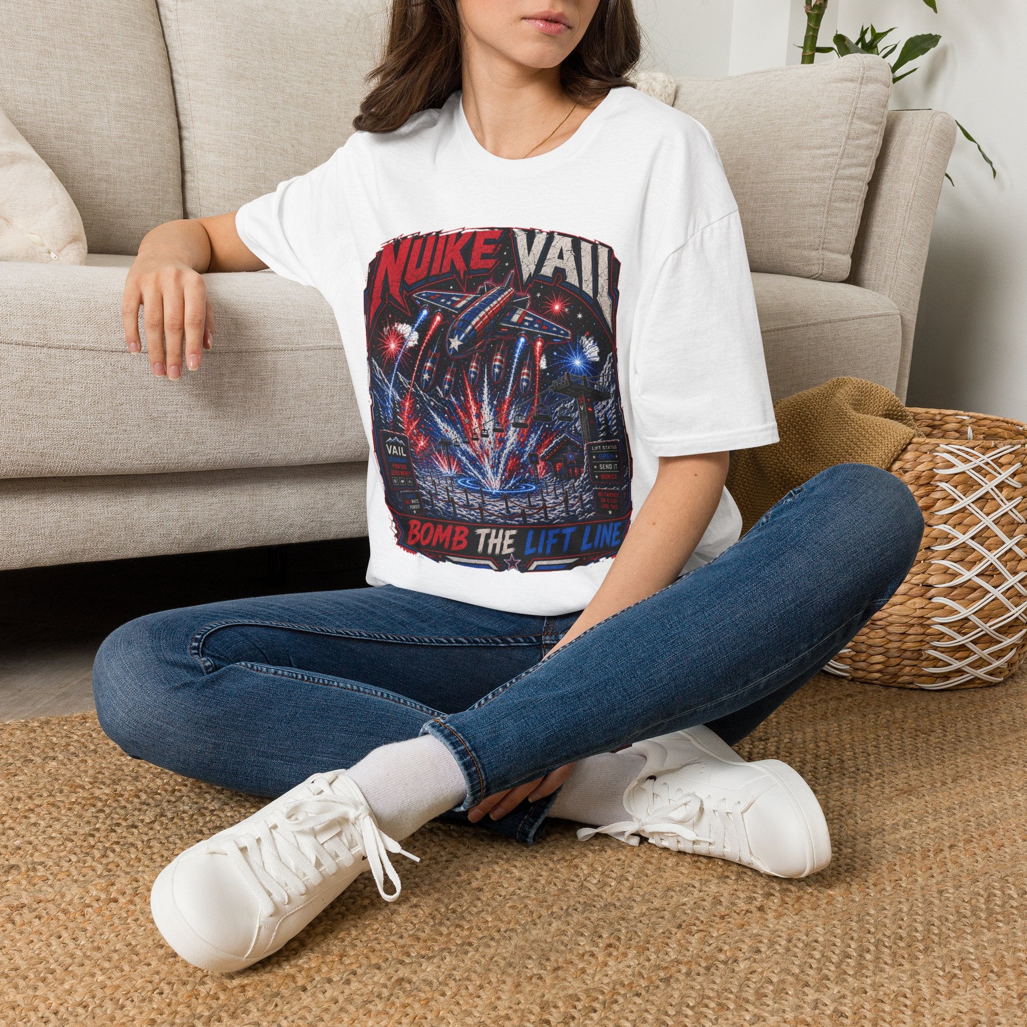 NukeVault Retro Rocket Graphic T-Shirt — 'Bomb the Lift Line' Vintage Ski Tee