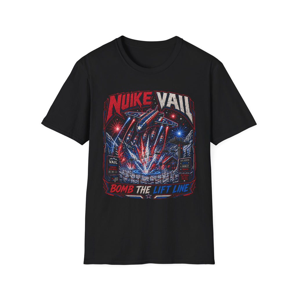 NukeVault Retro Rocket Graphic T-Shirt — 'Bomb the Lift Line' Vintage Ski Tee