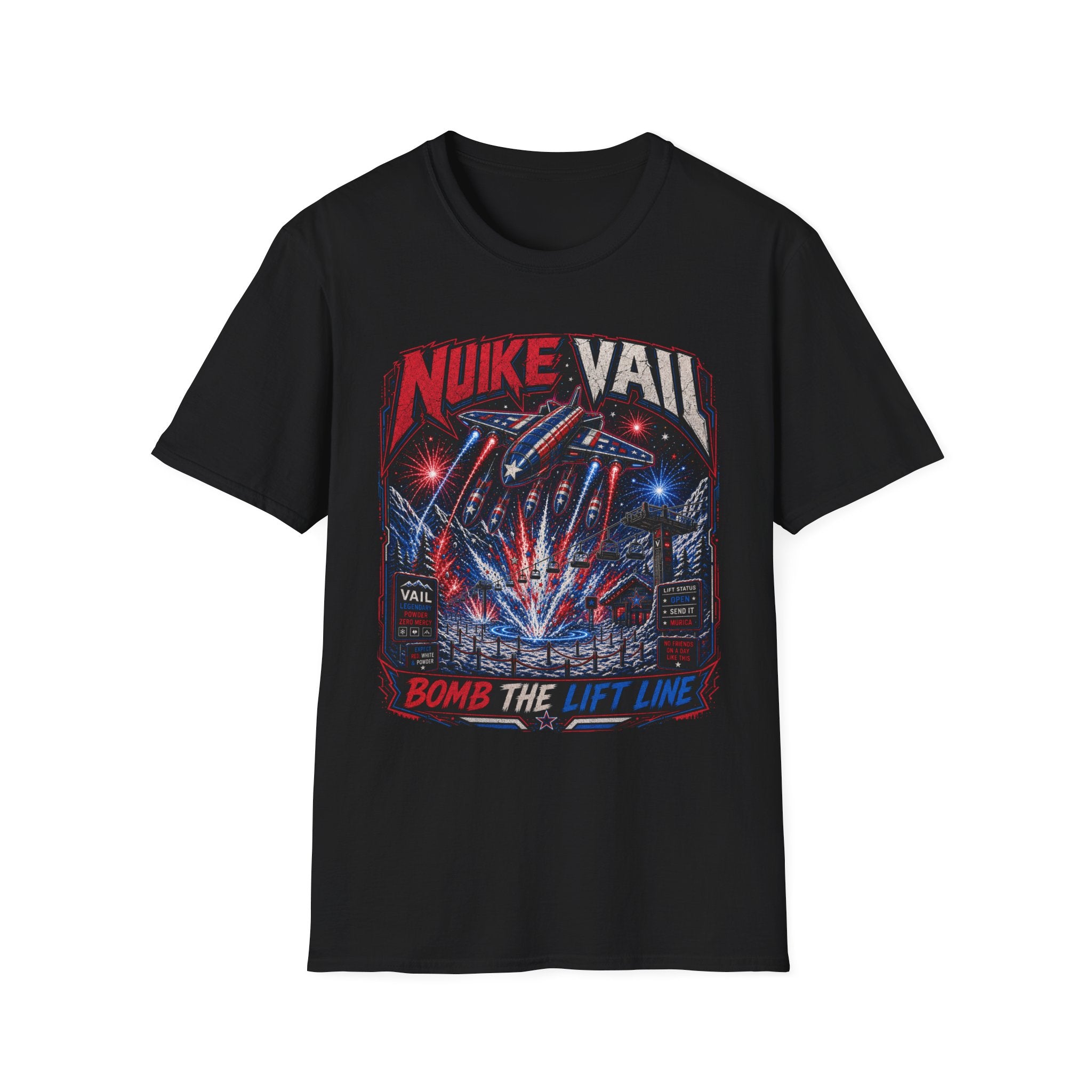 NukeVault Retro Rocket Graphic T-Shirt — 'Bomb the Lift Line' Vintage Ski Tee