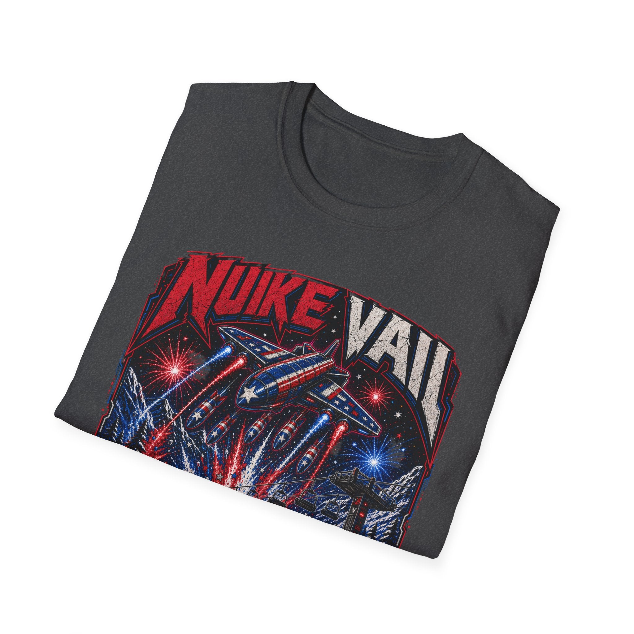 NukeVault Retro Rocket Graphic T-Shirt — 'Bomb the Lift Line' Vintage Ski Tee
