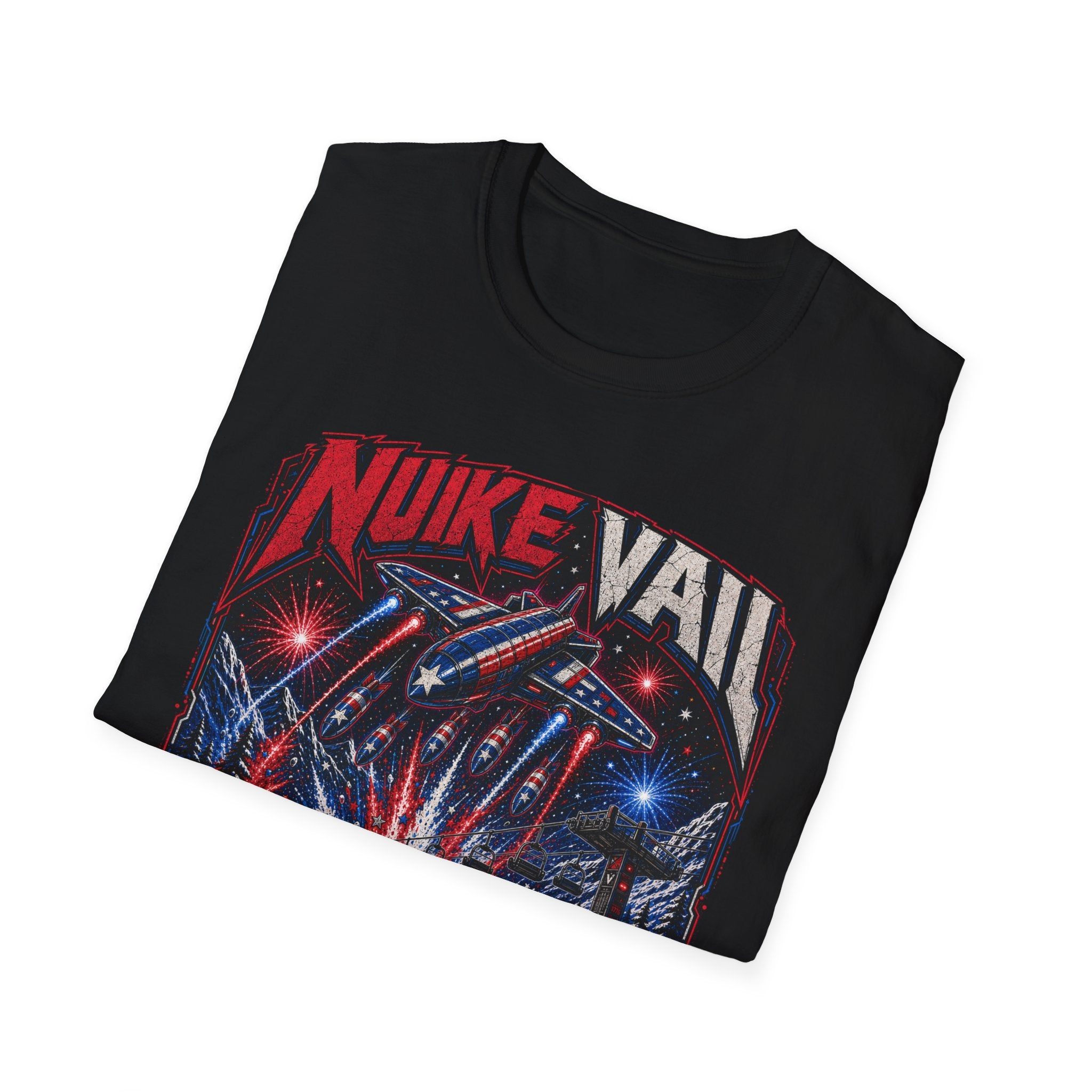 NukeVault Retro Rocket Graphic T-Shirt — 'Bomb the Lift Line' Vintage Ski Tee