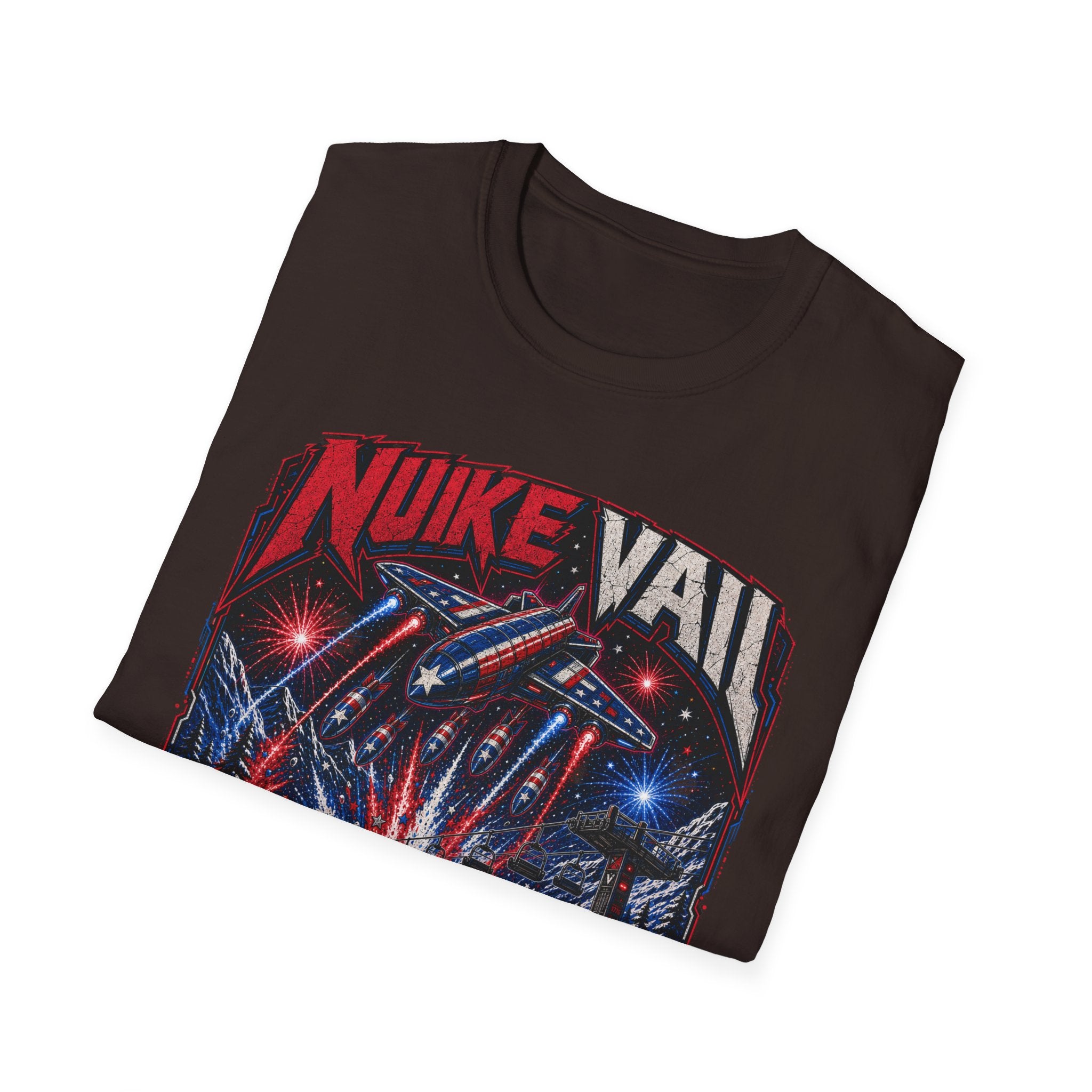 NukeVault Retro Rocket Graphic T-Shirt — 'Bomb the Lift Line' Vintage Ski Tee