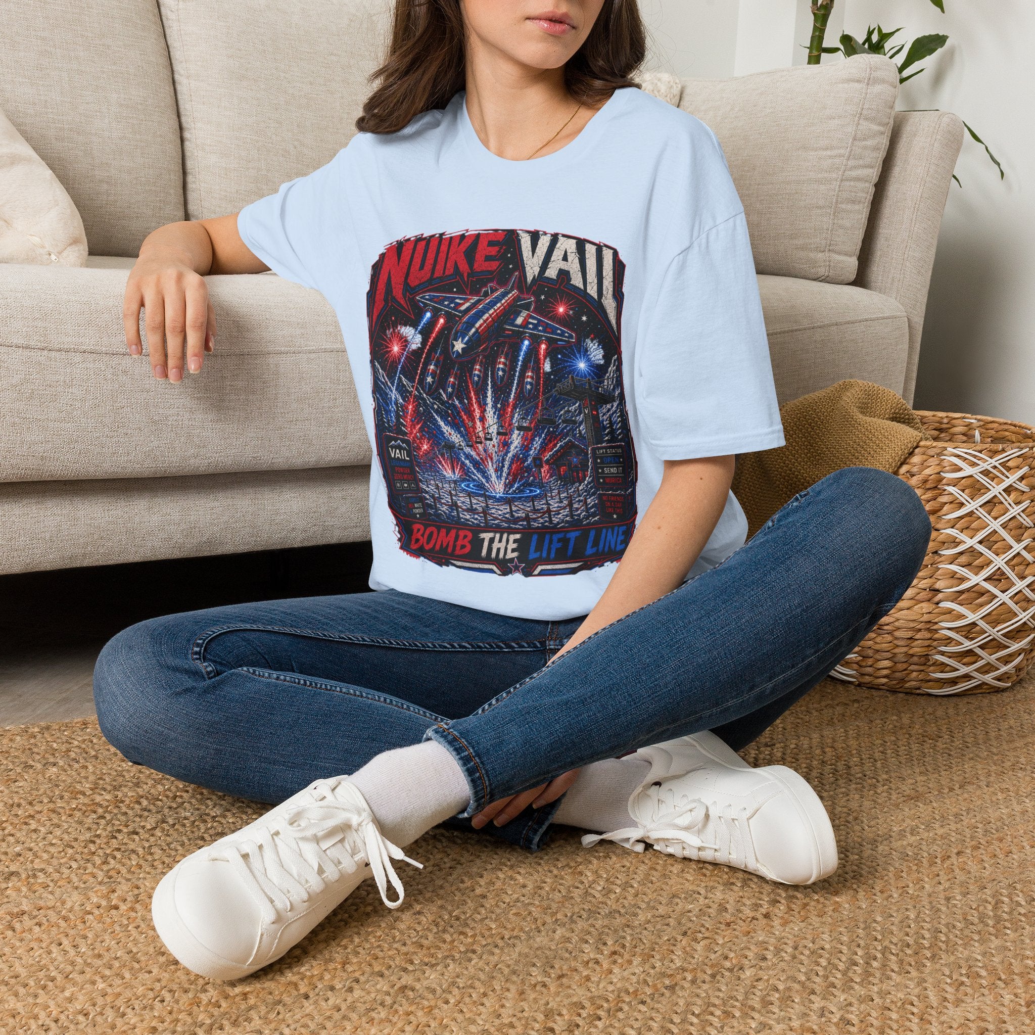 NukeVault Retro Rocket Graphic T-Shirt — 'Bomb the Lift Line' Vintage Ski Tee