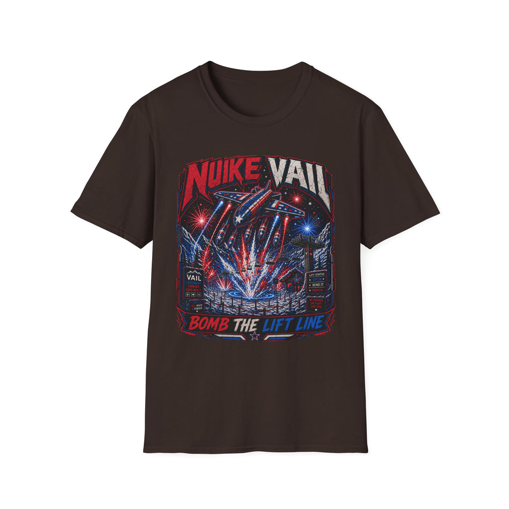 NukeVault Retro Rocket Graphic T-Shirt — 'Bomb the Lift Line' Vintage Ski Tee