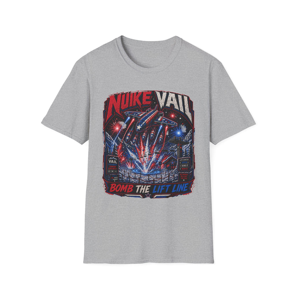 NukeVault Retro Rocket Graphic T-Shirt — 'Bomb the Lift Line' Vintage Ski Tee