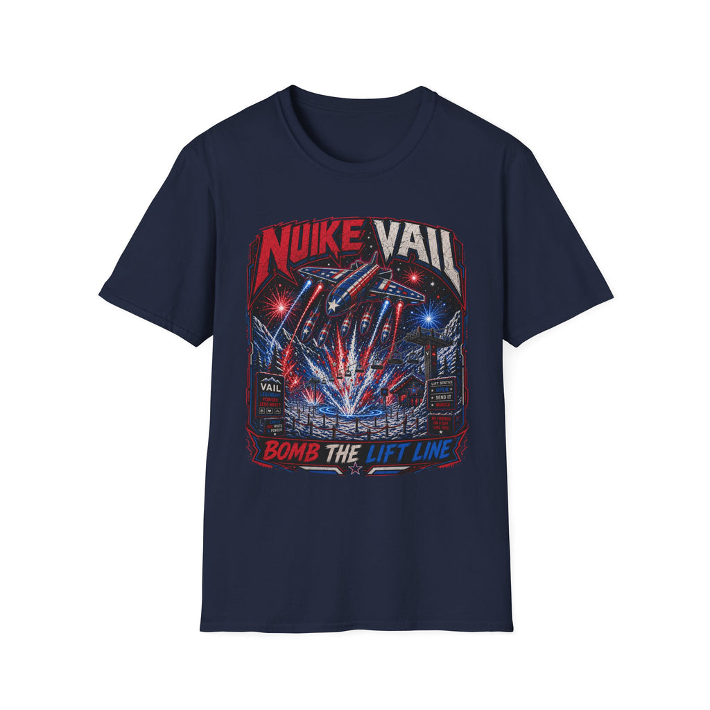 NukeVault Retro Rocket Graphic T-Shirt — 'Bomb the Lift Line' Vintage Ski Tee