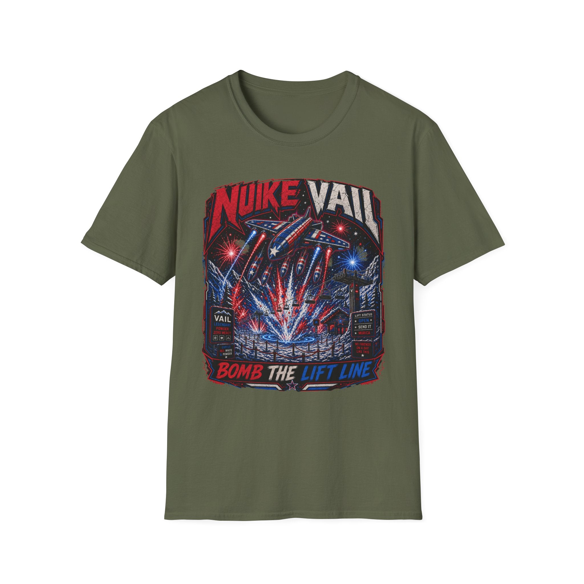 NukeVault Retro Rocket Graphic T-Shirt — 'Bomb the Lift Line' Vintage Ski Tee