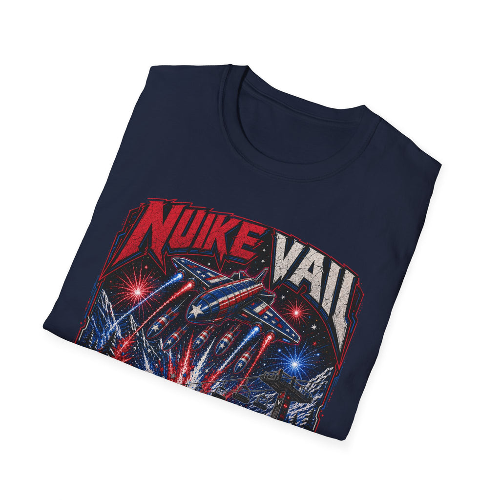 NukeVault Retro Rocket Graphic T-Shirt — 'Bomb the Lift Line' Vintage Ski Tee