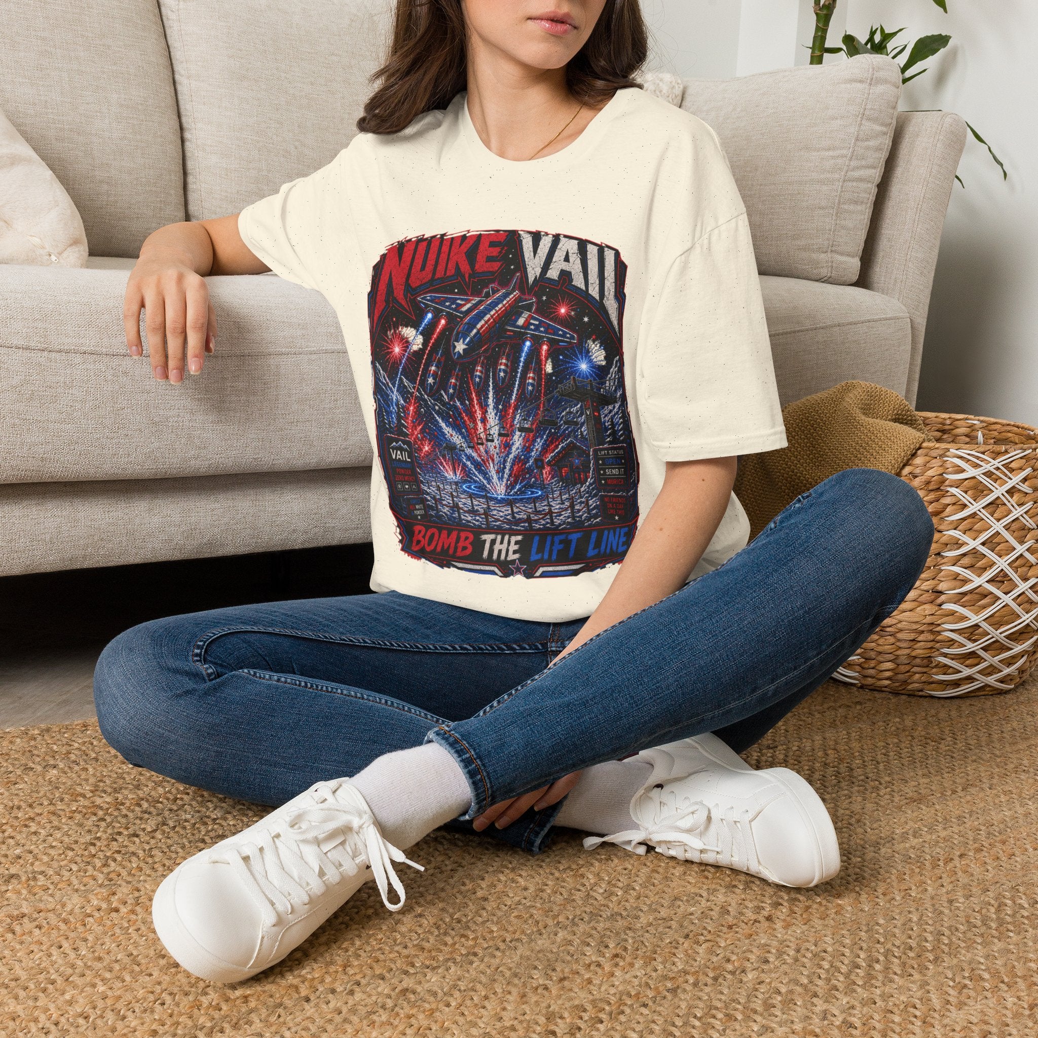 NukeVault Retro Rocket Graphic T-Shirt — 'Bomb the Lift Line' Vintage Ski Tee