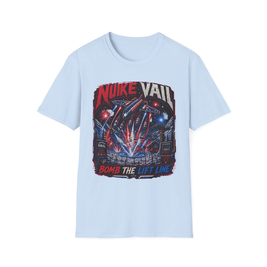 NukeVault Retro Rocket Graphic T-Shirt — 'Bomb the Lift Line' Vintage Ski Tee