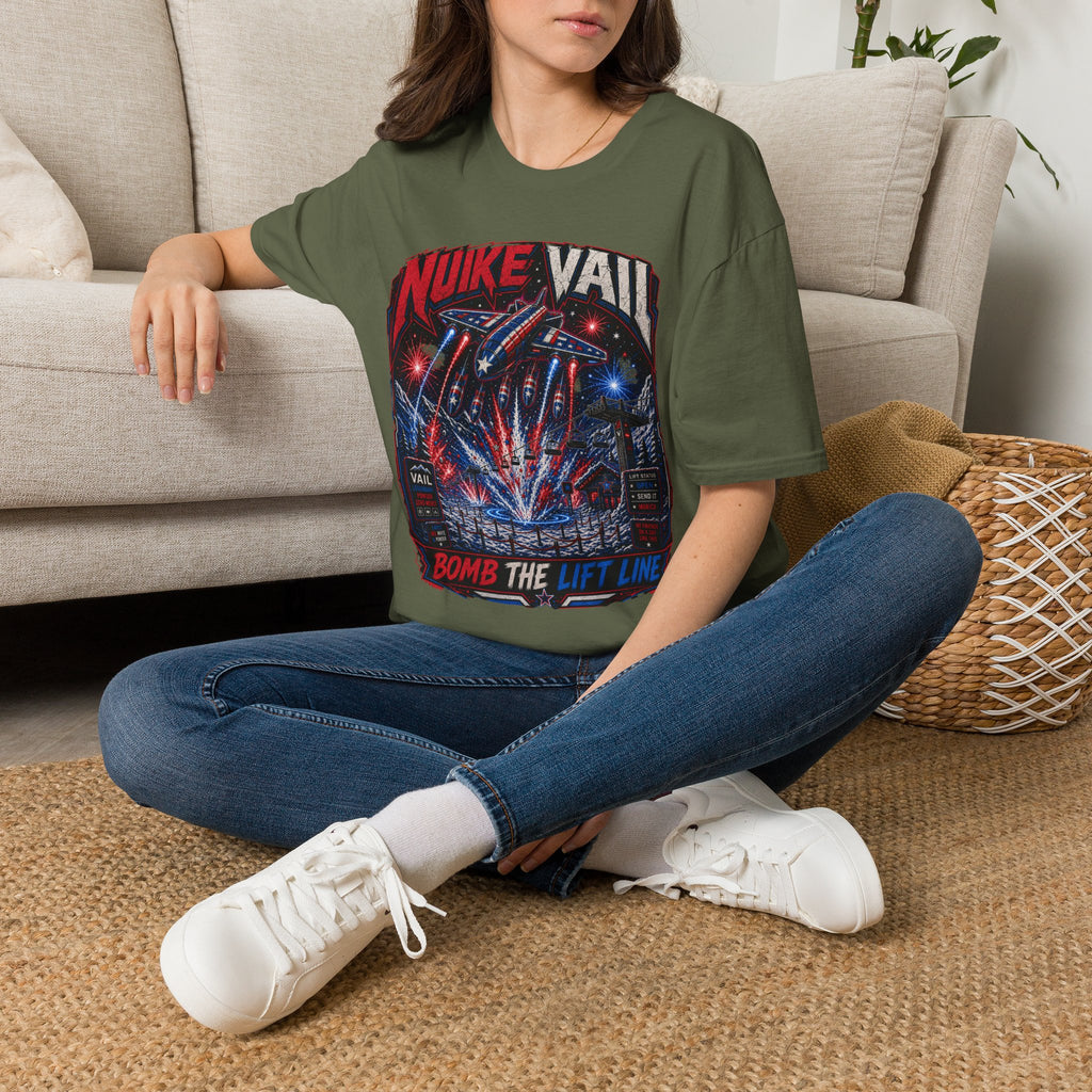 NukeVault Retro Rocket Graphic T-Shirt — 'Bomb the Lift Line' Vintage Ski Tee
